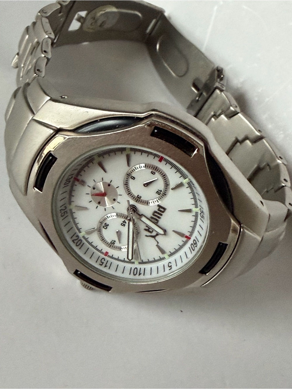 Puma Men’s Silver Watch with White Dial and Chronograph